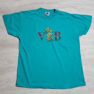 Vintage Virginia Beach Sunflower 1995 Graphic Teal BADD 100% Cotton T-Shirt XL